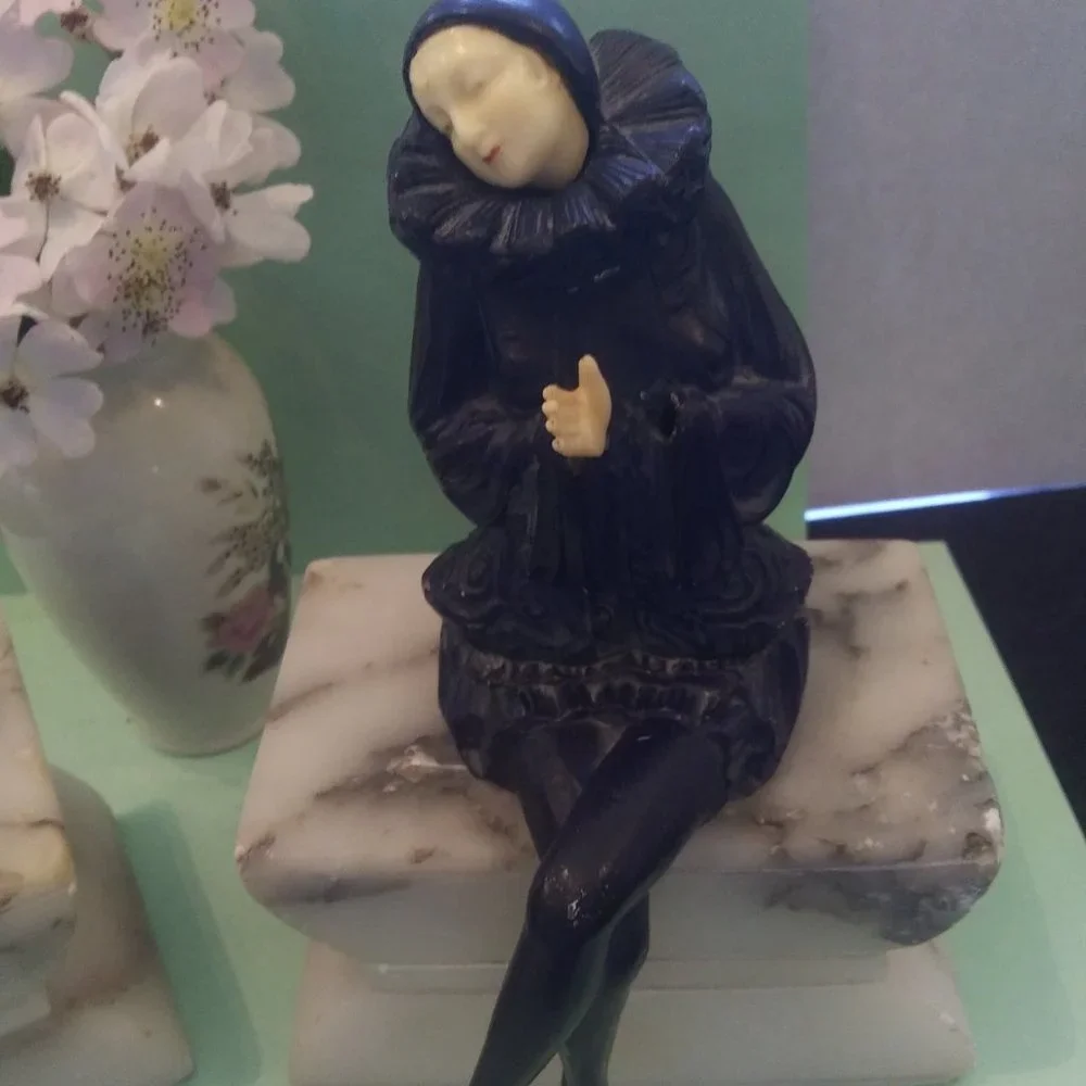 Heavy Bookends Pierrot Clown Mime Book Ends stone  Base Very old  Art Deco FLAWS - Picture 7 of 15